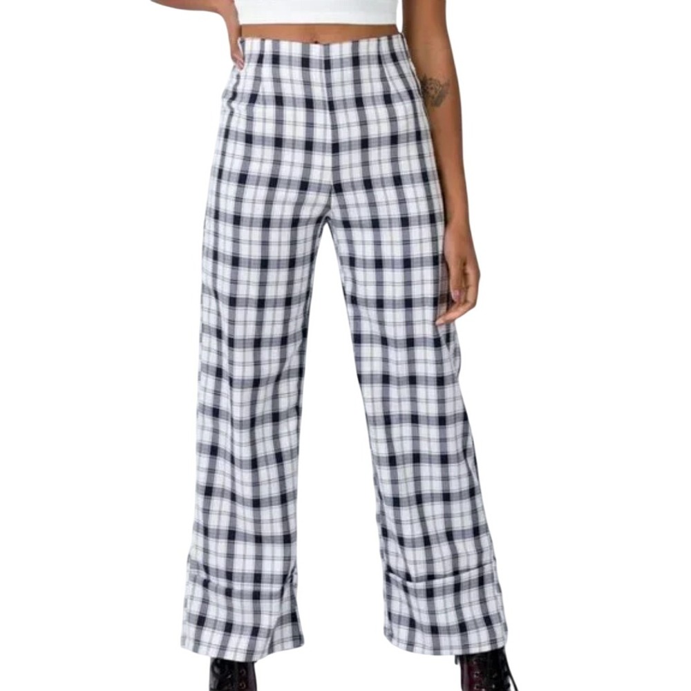 Princess Polly Euros‎ Plaid Wide Leg Trousers Pants Size 6 Black Cream Checkered